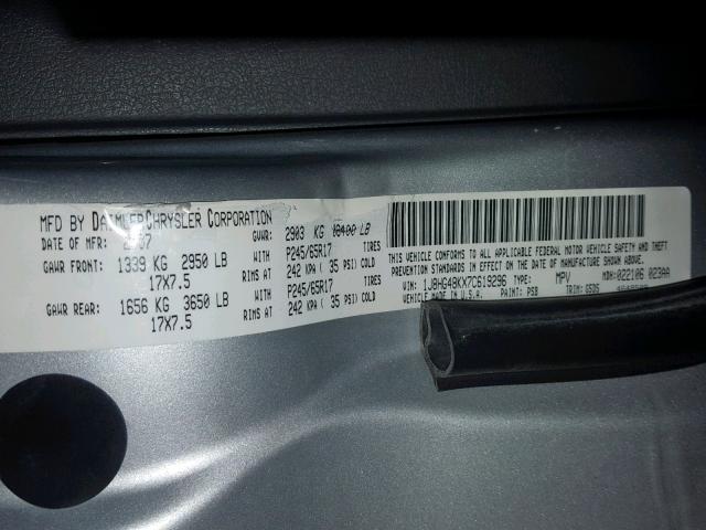 1J8HG48KX7C619296 - 2007 JEEP COMMANDER SILVER photo 10