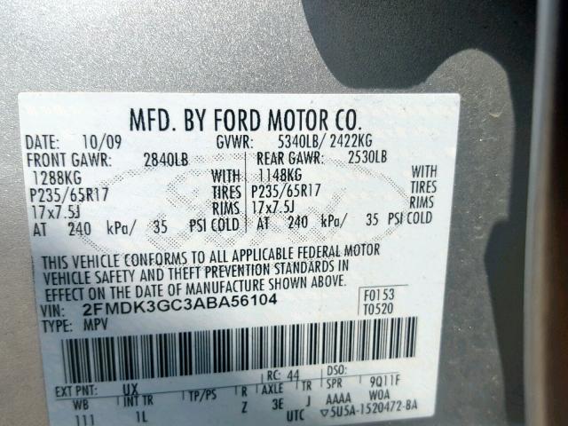 2FMDK3GC3ABA56104 - 2010 FORD EDGE SE SILVER photo 10