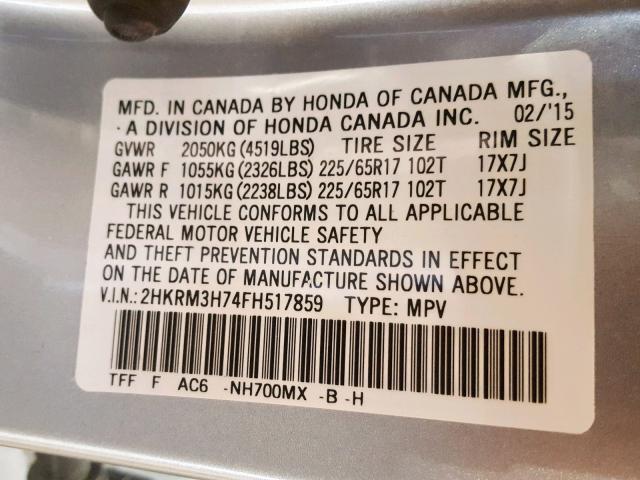 2HKRM3H74FH517859 - 2015 HONDA CR-V EXL SILVER photo 10