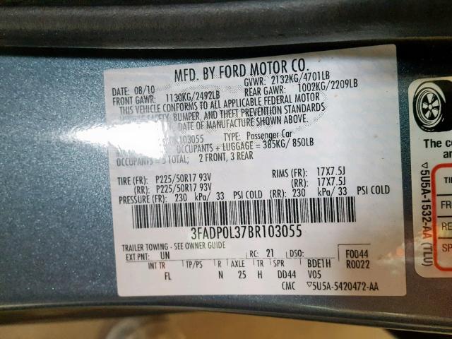 3FADP0L37BR103055 - 2011 FORD FUSION HYB BLUE photo 10