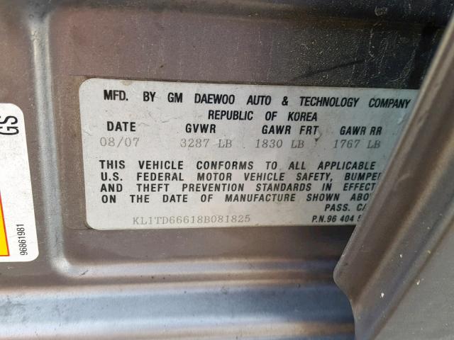 KL1TD66618B081825 - 2008 CHEVROLET AVEO BASE Сұр фото 10