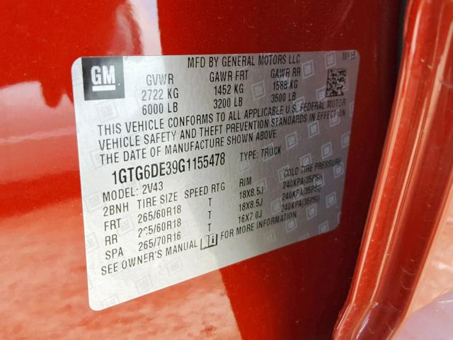 1GTG6DE39G1155478 - 2016 GMC CANYON SLT RED photo 10