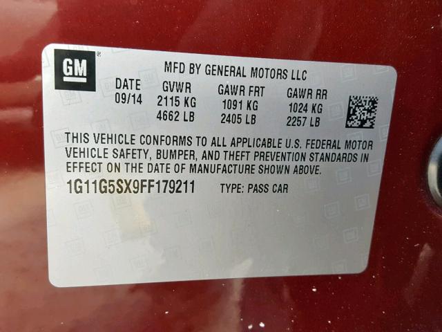 1G11G5SX9FF179211 - 2015 CHEVROLET MALIBU LTZ 红色 照片 10