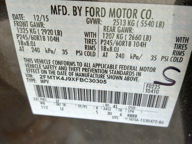 2FMTK4J9XFBC30305 - 2015 FORD EDGE SEL GRAY photo 10