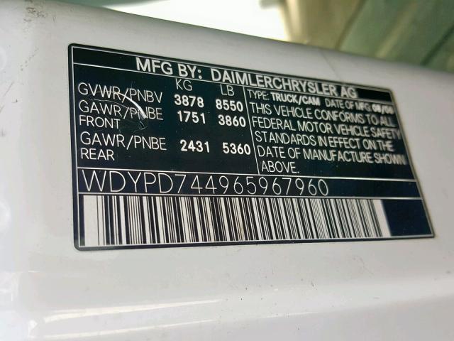 WDYPD744965967960 - 2006 FREIGHTLINER SPRINTER 2 WHITE photo 10