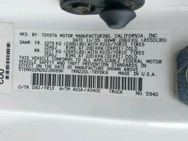 5TENX22N26Z186896 - 2006 TOYOTA TACOMA WHITE photo 10