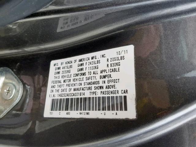 1HGCS2A83CA001814 - 2012 HONDA ACCORD EXL GRAY photo 10