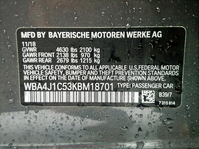 WBA4J1C53KBM18701 - 2019 BMW 430I GRAN GRAY photo 10
