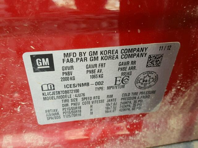 KL4CJESB7DB072100 - 2013 BUICK ENCORE RED photo 10