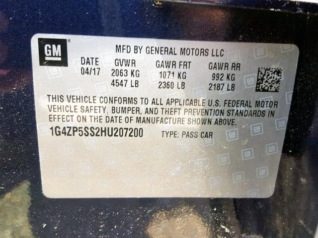 1G4ZP5SS2HU207200 - 2017 BUICK LACROSSE E BLUE photo 10