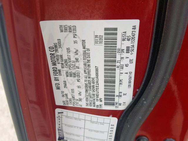 1FMEU7EE2AUA66997 - 2010 FORD EXPLORER E RED photo 10