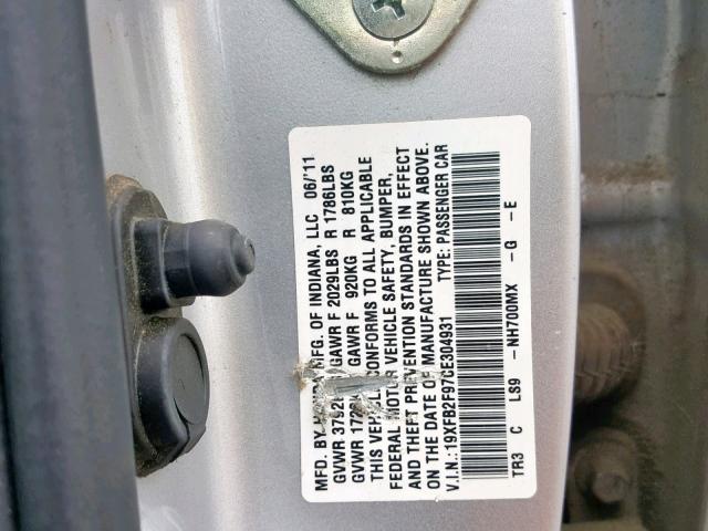 19XFB2F97CE304931 - 2012 HONDA CIVIC EXL SILVER photo 10