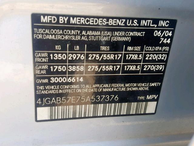 4JGAB57E75A537376 - 2005 MERCEDES-BENZ ML 350 SILVER photo 10