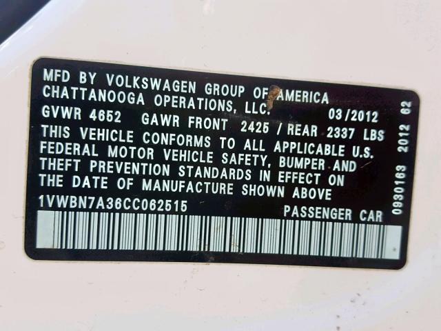 1VWBN7A36CC062515 - 2012 VOLKSWAGEN PASSAT SE WHITE photo 10