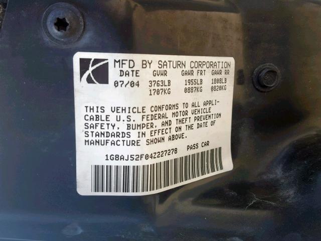 1G8AJ52F04Z227278 - 2004 SATURN ION LEVEL GOLD photo 10