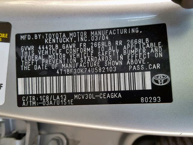 4T1BF30K74U582103 - 2004 TOYOTA CAMRY LE SILVER photo 10