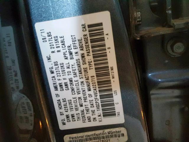 1HGCP2F46CA020719 - 2012 HONDA ACCORD LXP GRAY photo 10