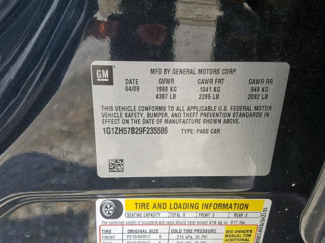 1G1ZH57B29F235586 - 2009 CHEVROLET MALIBU 1LT CHARCOAL photo 10