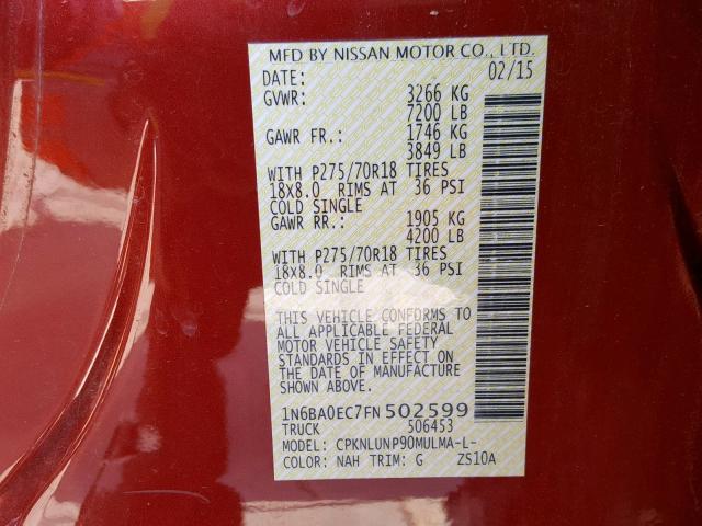 1N6BA0EC7FN502599 - 2015 NISSAN TITAN S RED photo 10