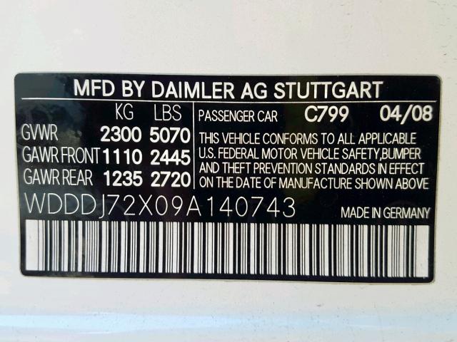 WDDDJ72X09A140743 - 2009 MERCEDES-BENZ CLS 550 WHITE photo 10