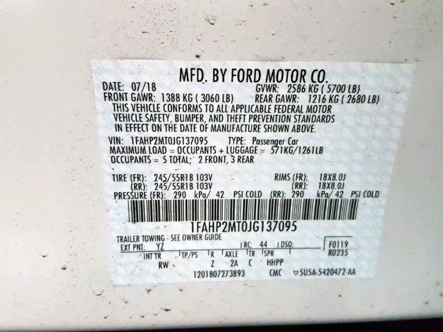 1FAHP2MT0JG137095 - 2018 FORD TAURUS POL WHITE photo 10