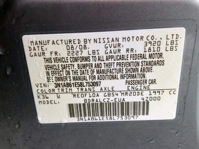 3N1AB61E58L753097 - 2008 NISSAN SENTRA 2.0 GRAY photo 10