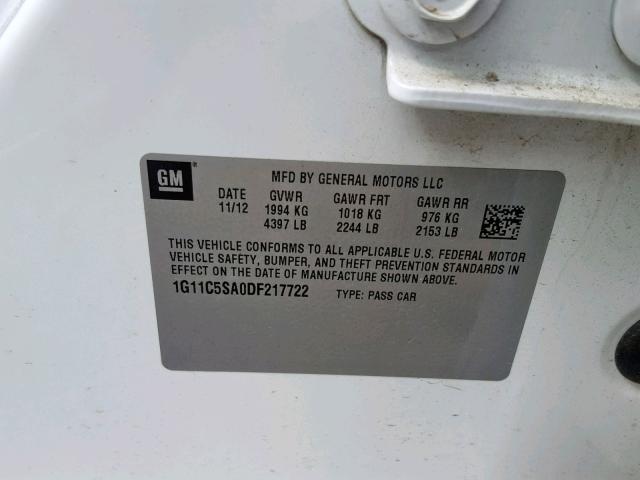 1G11C5SA0DF217722 - 2013 CHEVROLET MALIBU 1LT 白色 照片 10