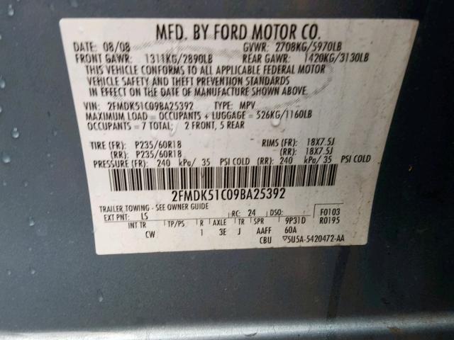 2FMDK51C09BA25392 - 2009 FORD FLEX SE BLUE photo 10