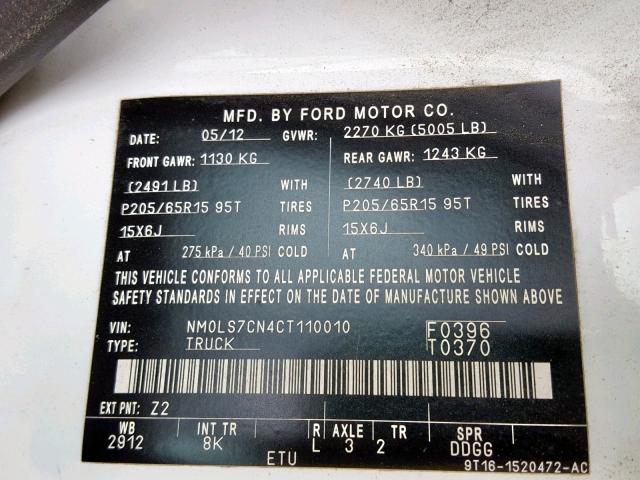 NM0LS7CN4CT110010 - 2012 FORD TRANSIT CO WHITE photo 10