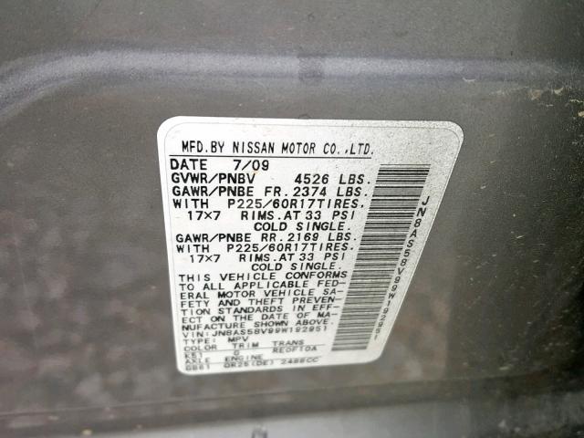 JN8AS58V99W192951 - 2009 NISSAN ROGUE S GRAY photo 10