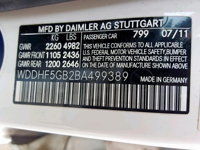 WDDHF5GB2BA499389 - 2011 MERCEDES-BENZ E 350 WHITE photo 10