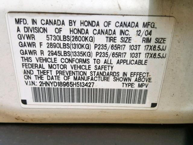 2HNYD18965H513427 - 2005 ACURA MDX TOURIN WHITE photo 10