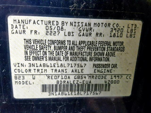 3N1AB61E18L717567 - 2008 NISSAN SENTRA 2.0 BLUE photo 10