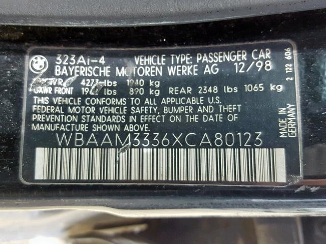 WBAAM3336XCA80123 - 1999 BMW 323 I AUTO BLACK photo 10