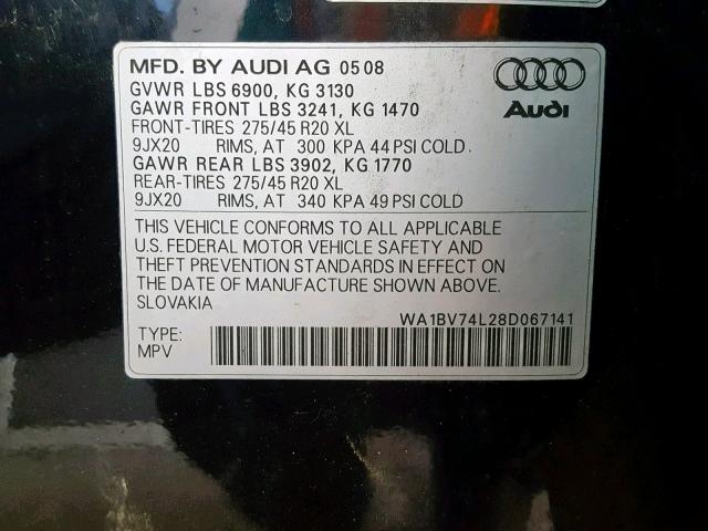 WA1BV74L28D067141 - 2008 AUDI Q7 4.2 QUA BLACK photo 10