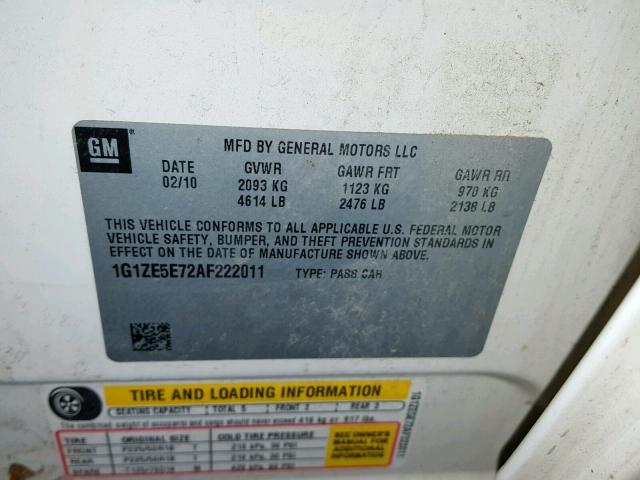 1G1ZE5E72AF222011 - 2010 CHEVROLET MALIBU LTZ თეთრი ფოტო 10