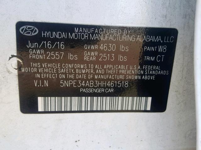 5NPE34AB3HH461518 - 2017 HYUNDAI SONATA SPO WHITE photo 10