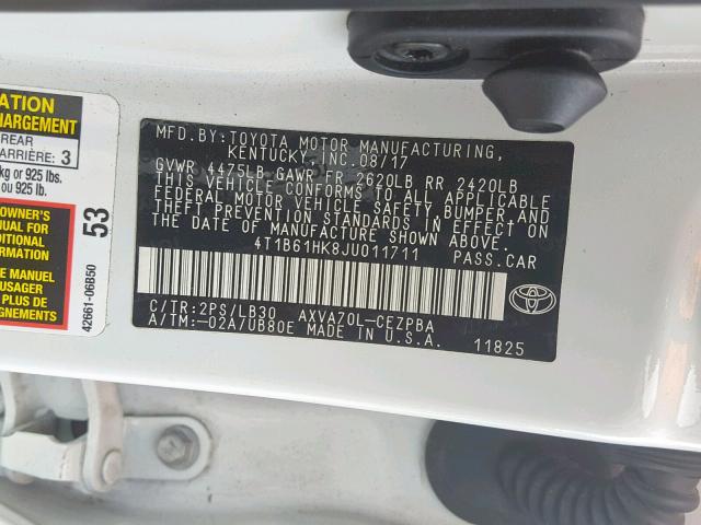 4T1B61HK8JU011711 - 2018 TOYOTA CAMRY XSE WHITE photo 10