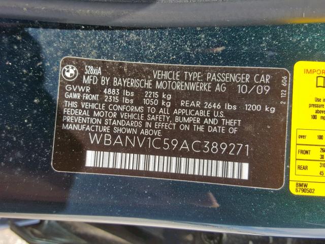 WBANV1C59AC389271 - 2010 BMW 528 XI GREEN photo 10