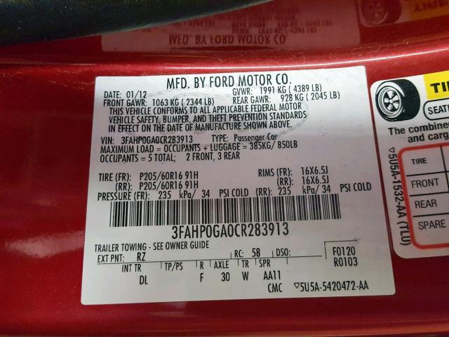 3FAHP0GA0CR283913 - 2012 FORD FUSION S RED photo 10