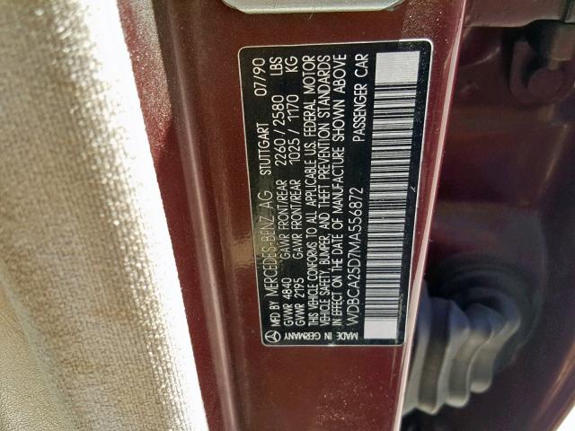 WDBCA25D7MA556872 - 1991 MERCEDES-BENZ 300 SEL MAROON photo 10