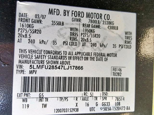 5LMFU28547LJ17866 - 2007 LINCOLN NAVIGATOR CHARCOAL photo 10