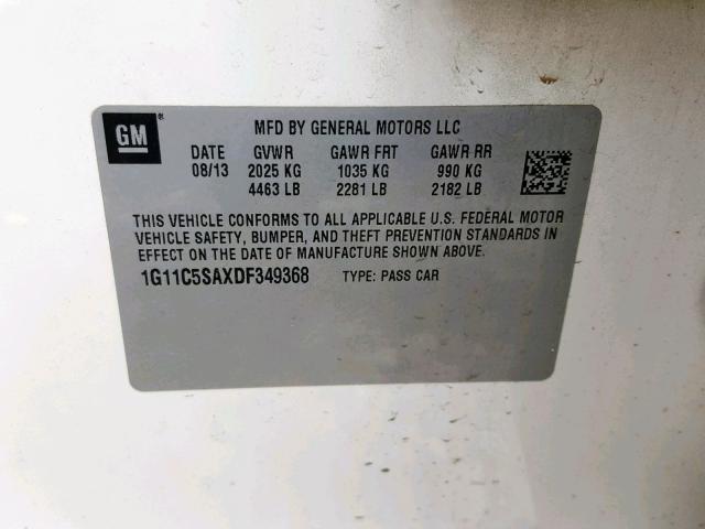 1G11C5SAXDF349368 - 2013 CHEVROLET MALIBU 1LT 白色 照片 10