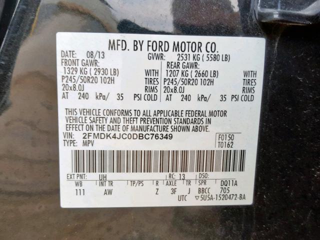 2FMDK4JC0DBC76349 - 2013 FORD EDGE SEL BLACK photo 10