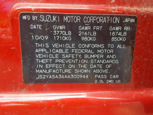 JS2YA5A36A6300944 - 2010 SUZUKI SX4 RED photo 10