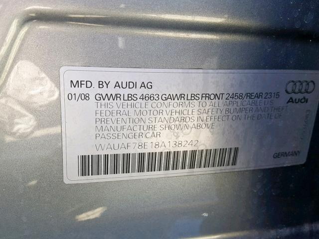 WAUAF78E18A138242 - 2008 AUDI A4 2.0T GRAY photo 10