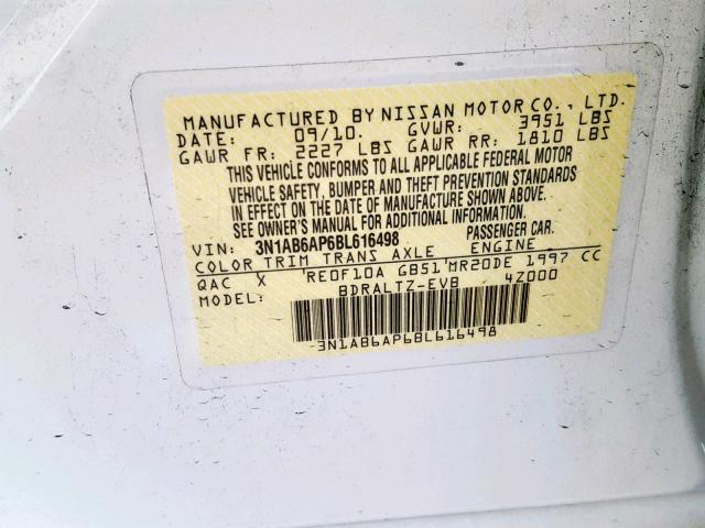 3N1AB6AP6BL616498 - 2011 NISSAN SENTRA 2.0 WHITE photo 10