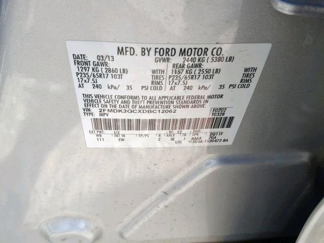 2FMDK3GCXDBC12062 - 2013 FORD EDGE SE SILVER photo 10