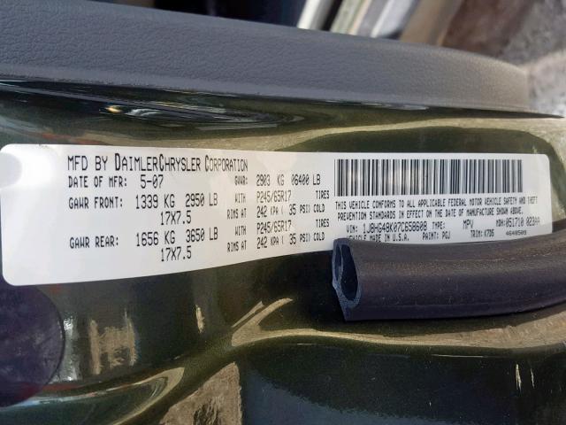 1J8HG48K07C658608 - 2007 JEEP COMMANDER GREEN photo 10