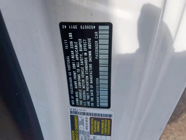 WVWBW7AH2CV012839 - 2012 VOLKSWAGEN EOS KOMFOR 白色 照片 10